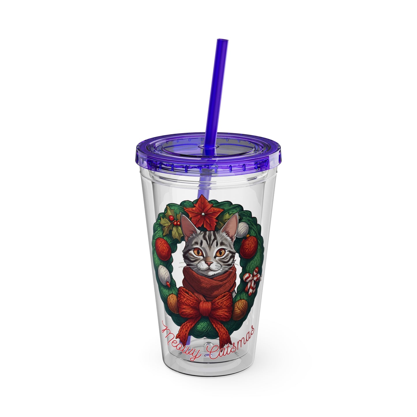 Meowy Catsmas Tumbler with Straw, 16oz